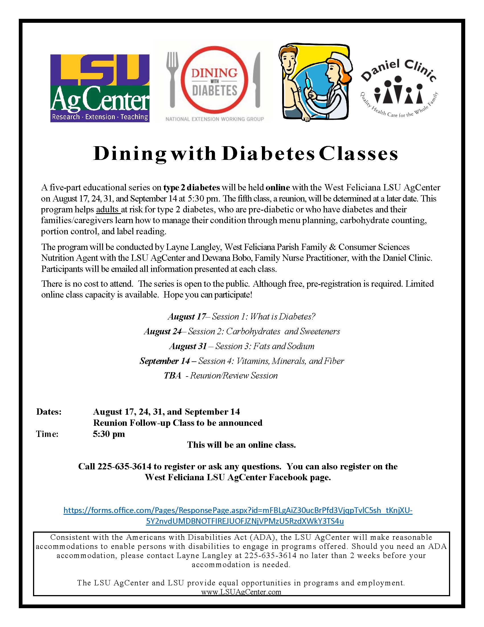 Flyer announcing August Dining With Diabetes online classes that will be conducted by Layne Langley, West Feliciana Parish Family and Consumer Sciences Nutrition Agent and Dewana Bobo, Family Nurse Practitioner, with the Daniel Clinic.  